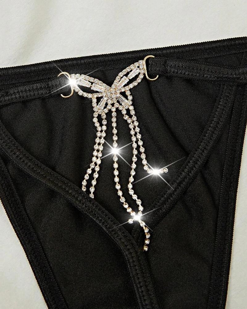 Rhinestone Butterfly Pattern Tassel Design Thong Panty