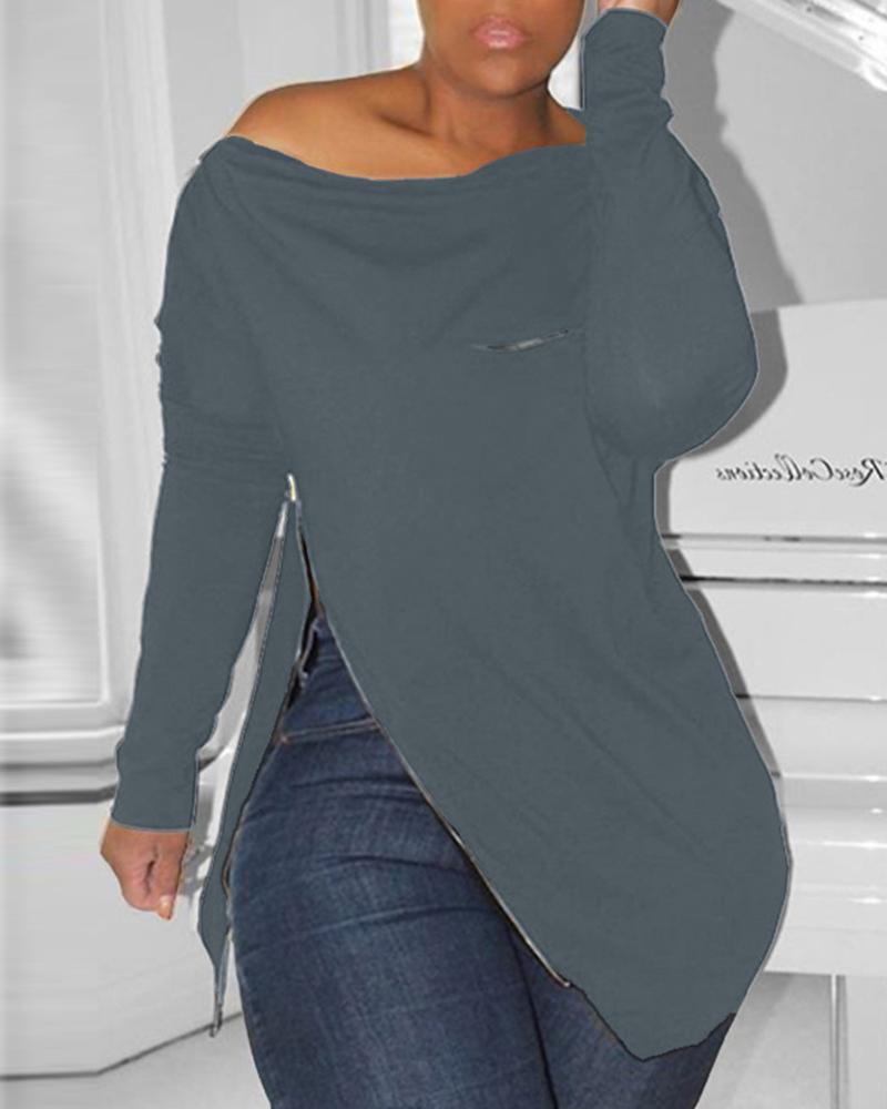 Zipper Design Cold Shoulder Slit Sweatshirt