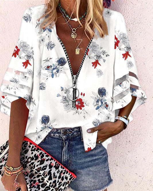 Floral Print Zip Front Bell Sleeve Top