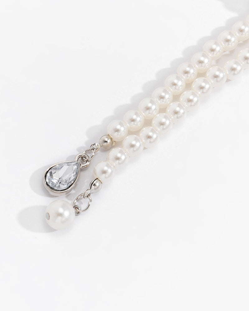 Layered Waterdrop Shaped Rhinestone Pearls Chain Necklace