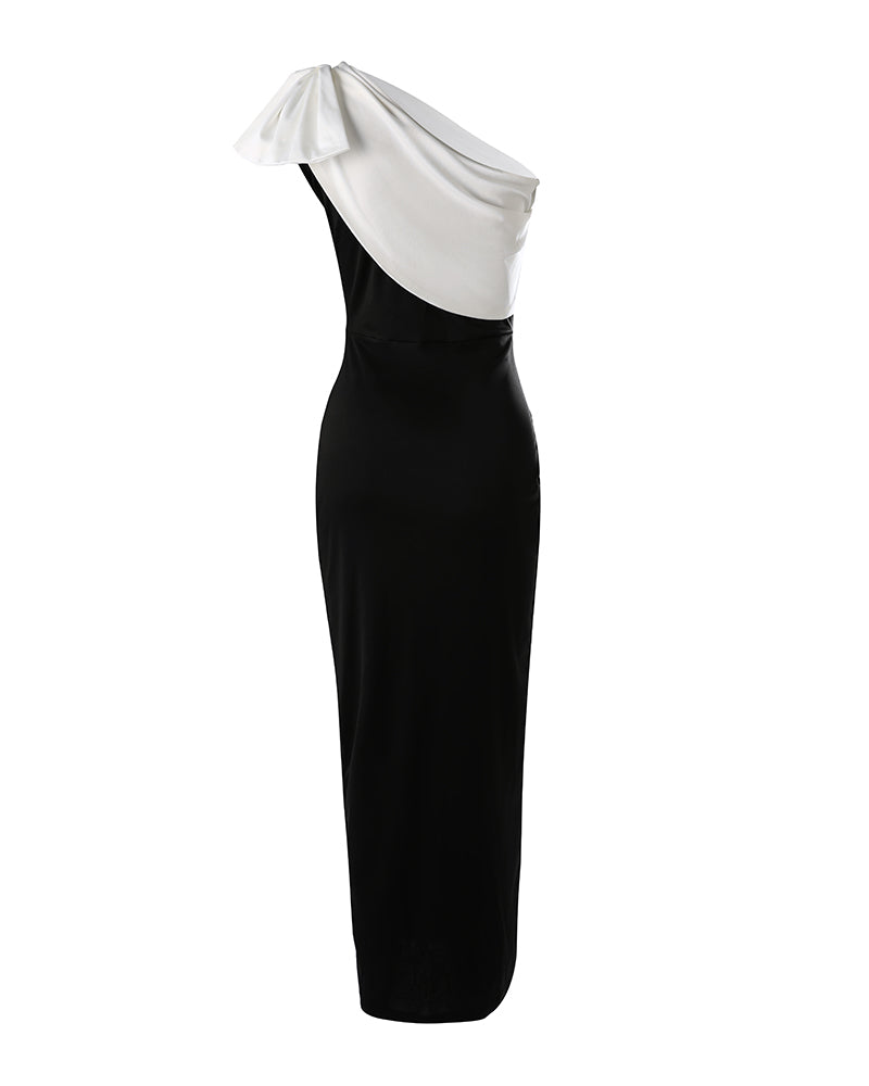 Colorblock One Shoulder Split Evening Dress