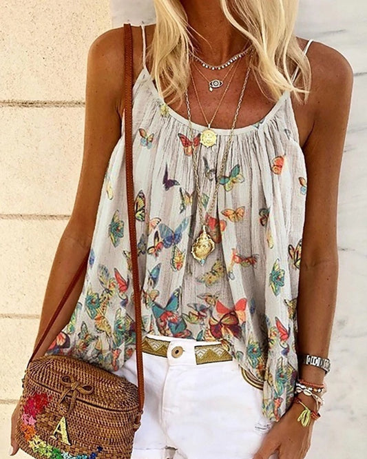 Butterfly Print Spaghetti Strap Casual Top