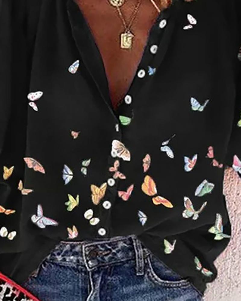 Butterfly Print Button Front Half Sleeve Shirt