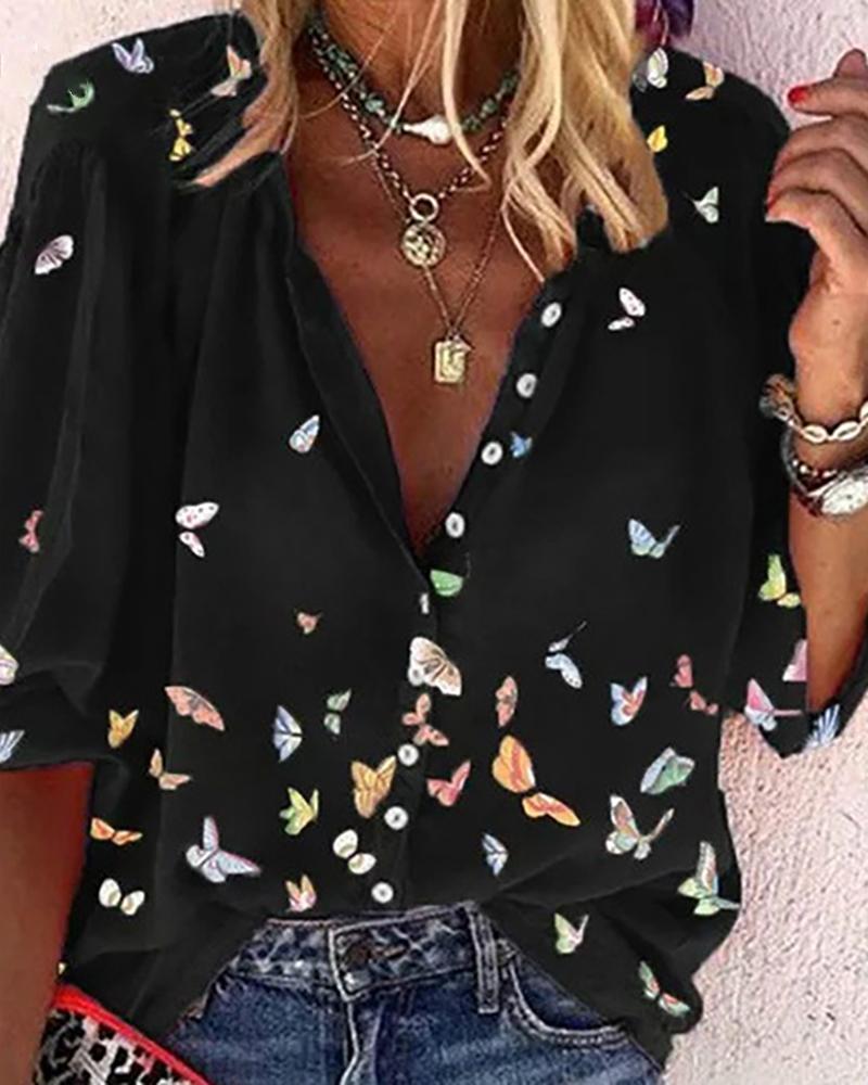 Butterfly Print Button Front Half Sleeve Shirt