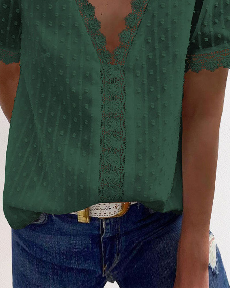 Contrast Lace Swiss Dot Puff Sleeve Chiffon Top