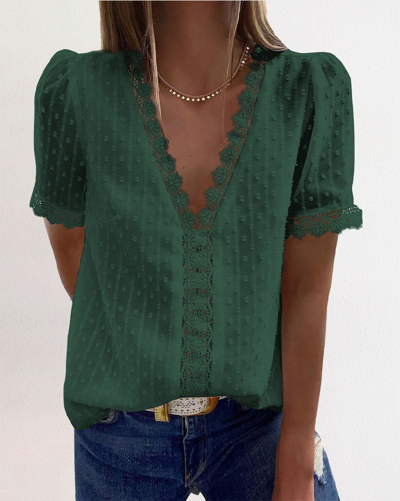 Contrast Lace Swiss Dot Puff Sleeve Chiffon Top