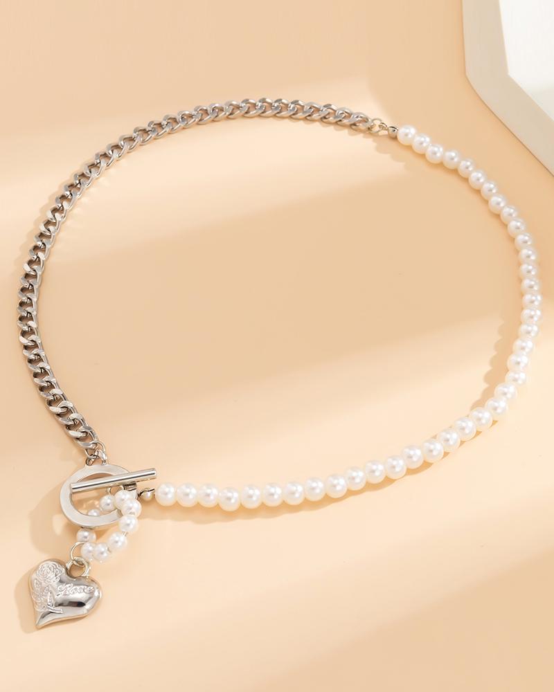 1pc Pearls Decor OT Toggle Heart Pendant Necklace