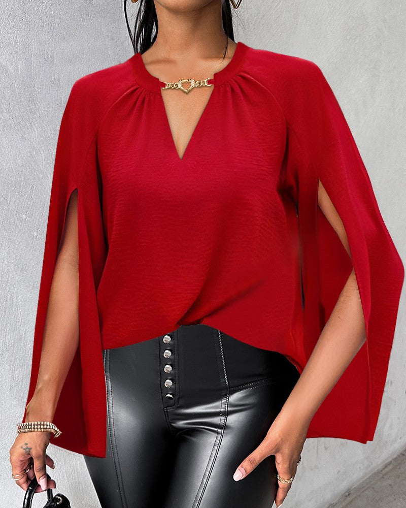 Hollow Heart Chain Decor Cape Sleeve Top