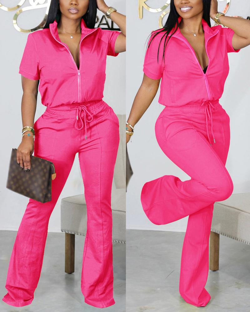 Short Sleeve Zip Up Top & Drawstring Pants Set