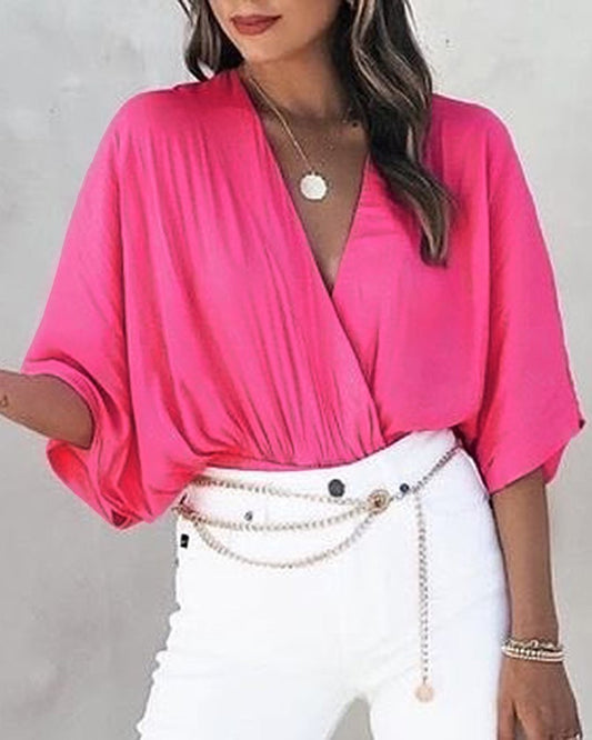 Plain Batwing Sleeve V Neck Top