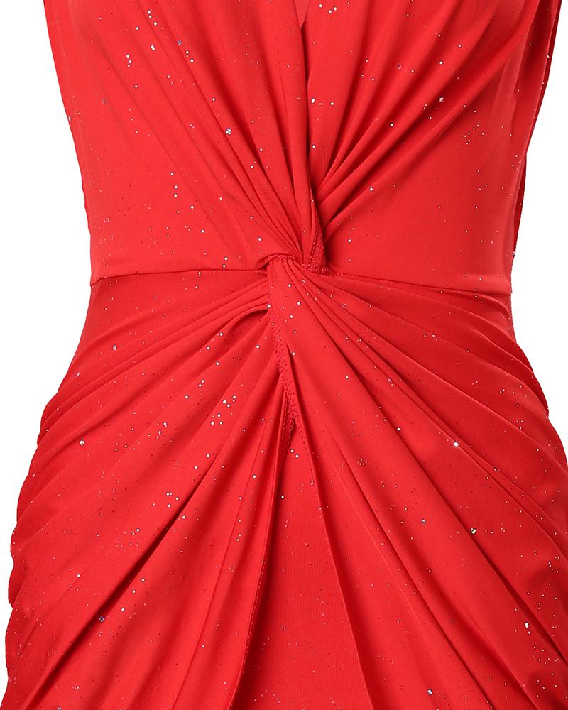 Twist Design Plunging Neck Glitter Party Dress