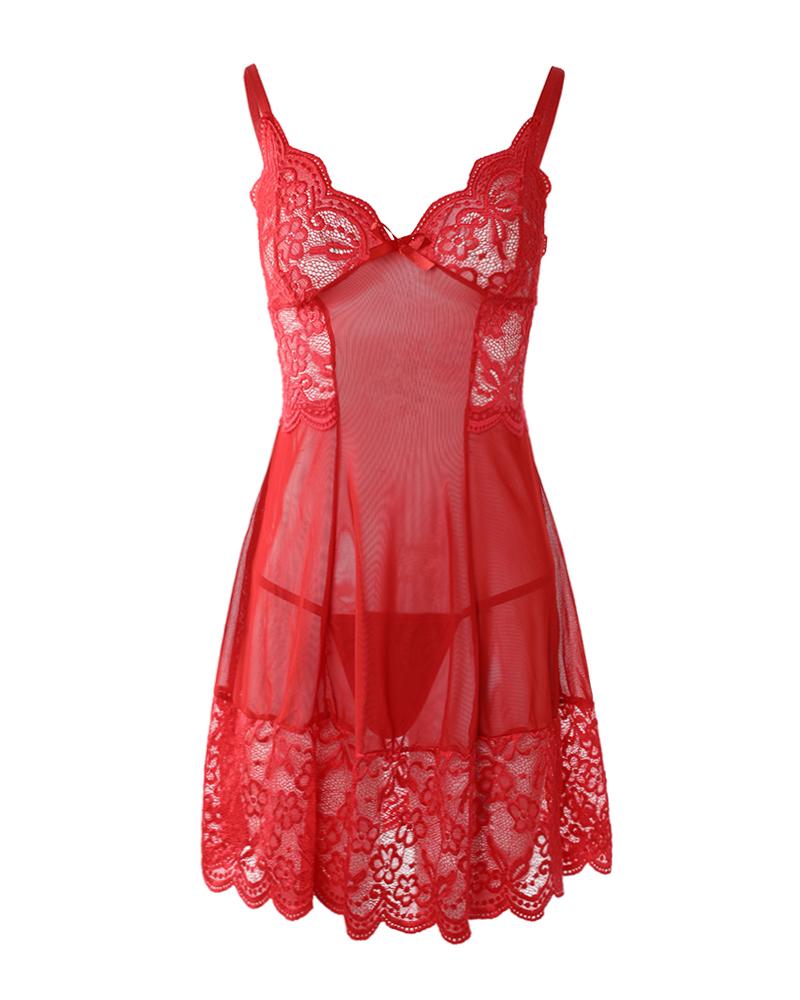 Bowknot Decor Sheer Mesh Lace Babydoll