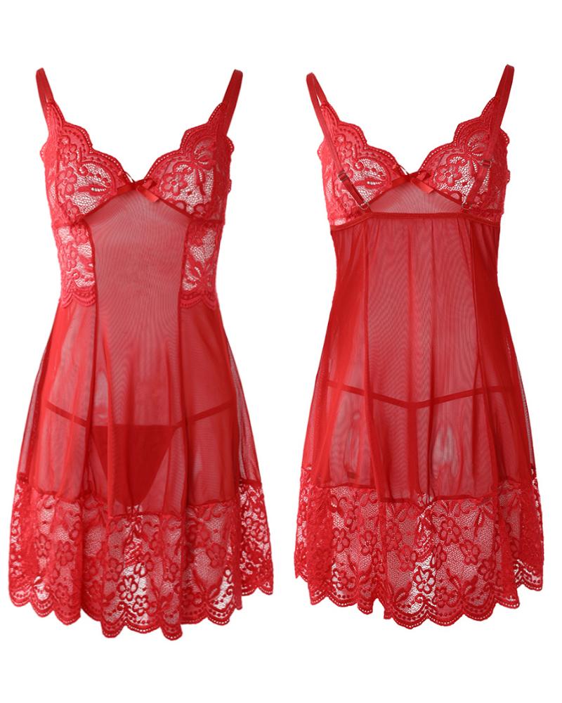 Bowknot Decor Sheer Mesh Lace Babydoll