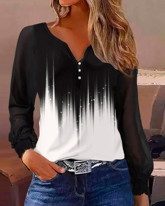 Abstract Print Colorblock Buttoned Casual Top