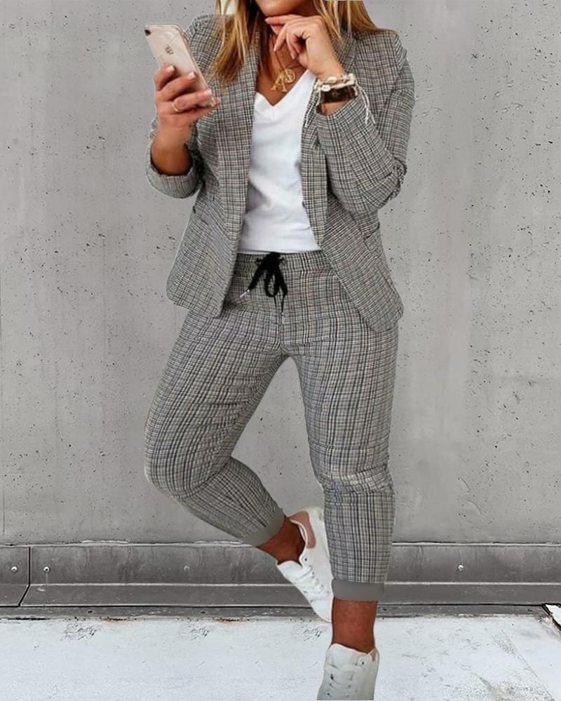 Plus Size Plaid Print Blazer Coat & Drawstring Pants Set