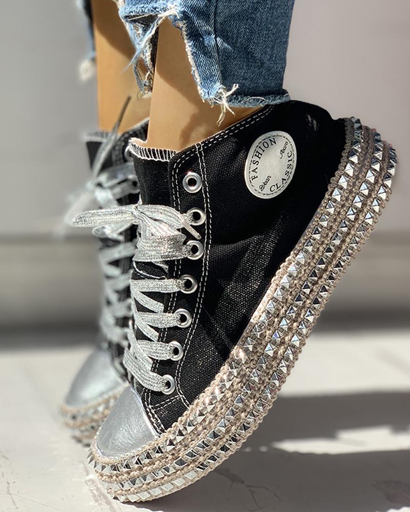 Leopard Print Studded Decor Eyelet Lace up Sneakers