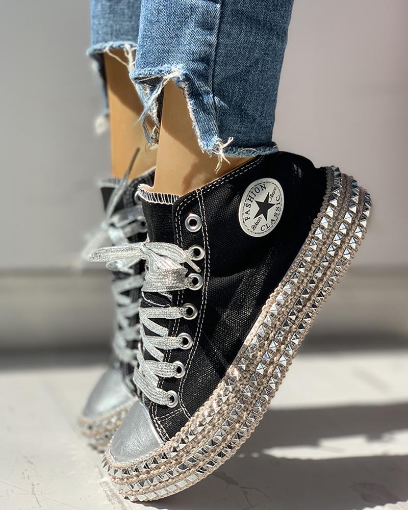 Leopard Print Studded Decor Eyelet Lace up Sneakers