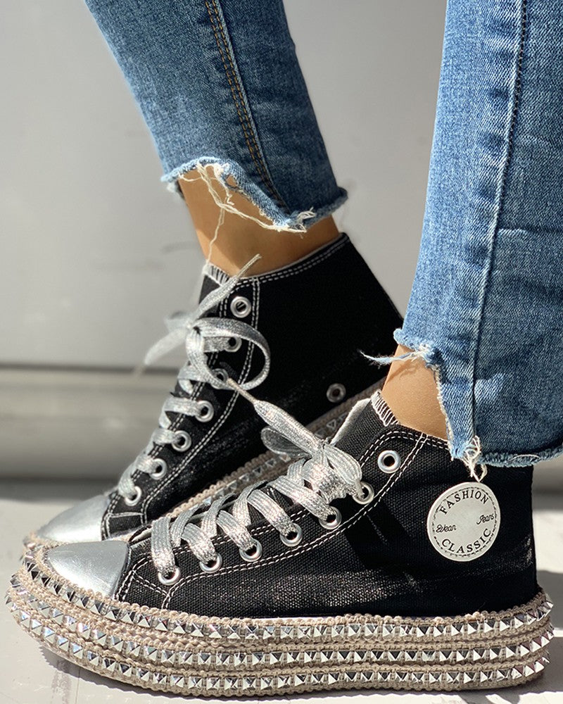 Leopard Print Studded Decor Eyelet Lace up Sneakers