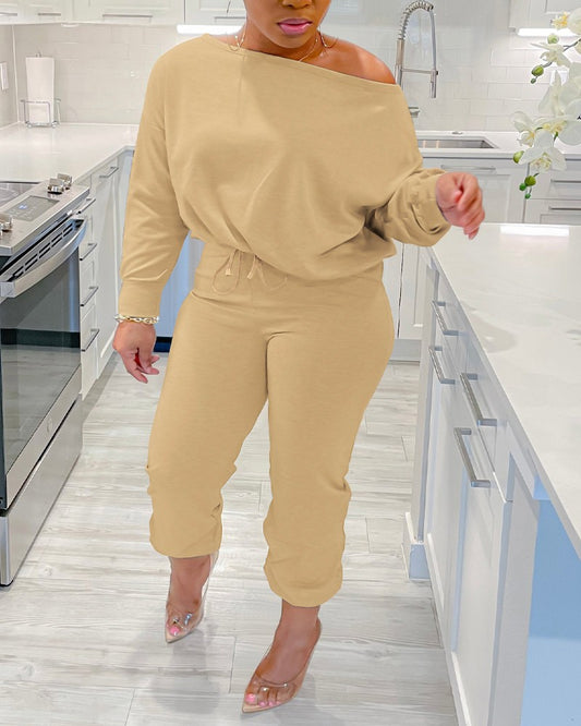 Plus Size Skew Neck Top & Drawstring Pants Set