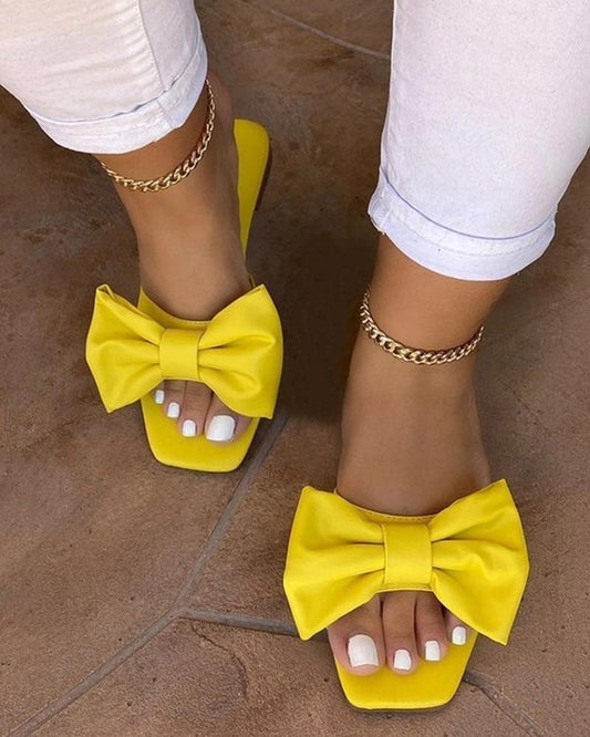 Bowknot Decor Square Toe Flat Slippers