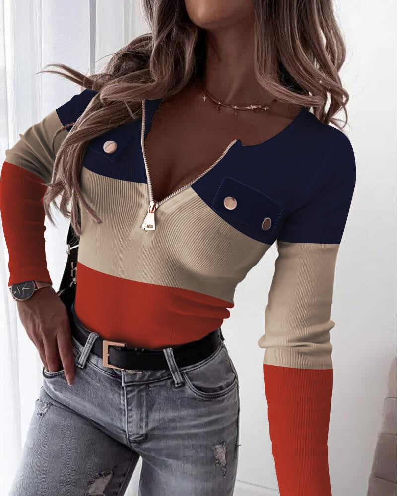 Long Sleeve Zipper Front Ribbed Top