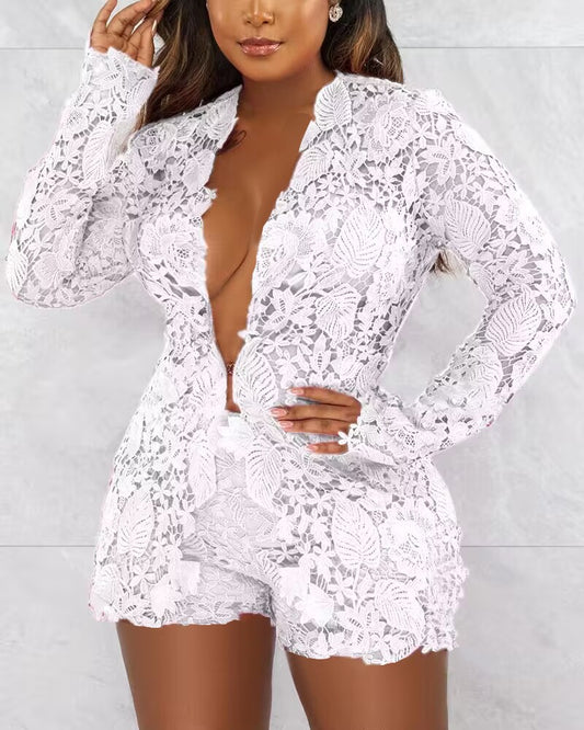 Long Sleeve Guipure Lace Top & Shorts Set