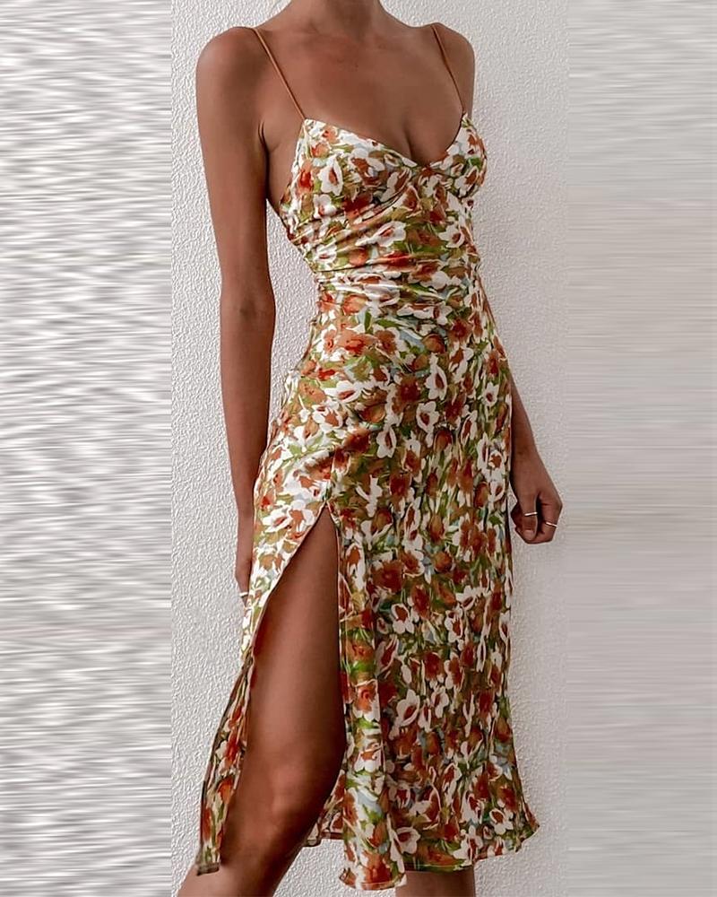 Floral Print Strap Slit Midi Dress