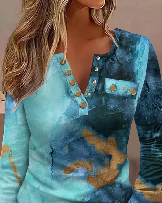 Tie Dye Print Colorblock Buttoned Top