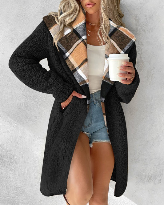 Colorblock Plaid Pattern Longline Teddy Coat