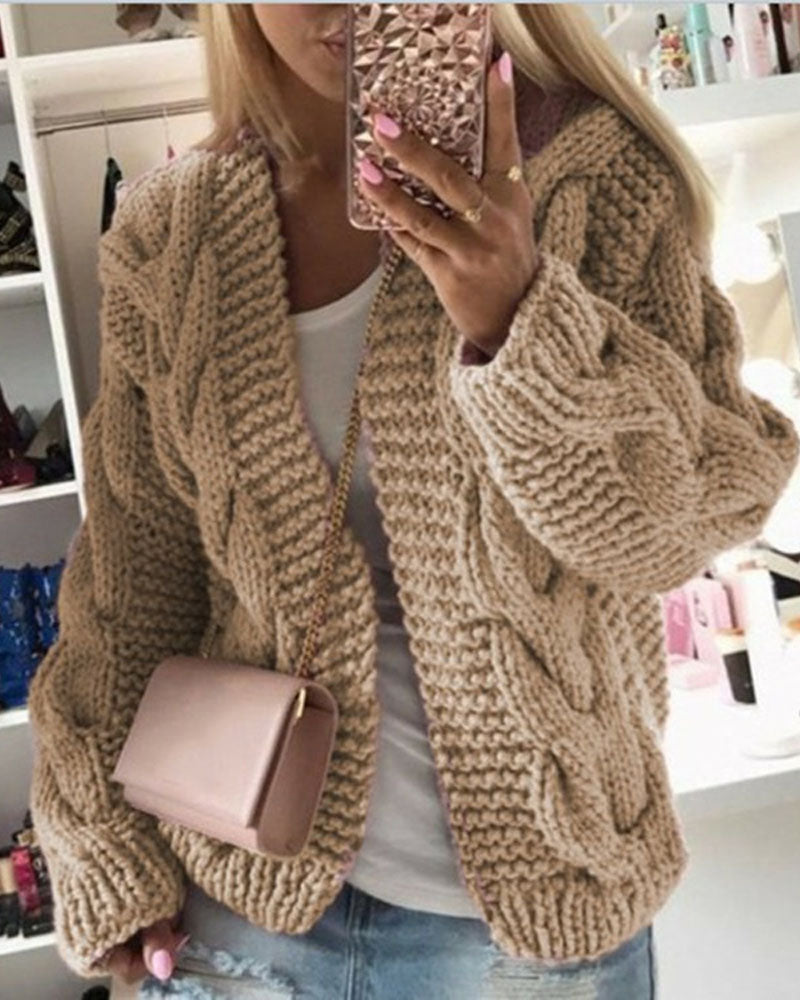 Long Sleeve Cable Knit Hooded Cardigan