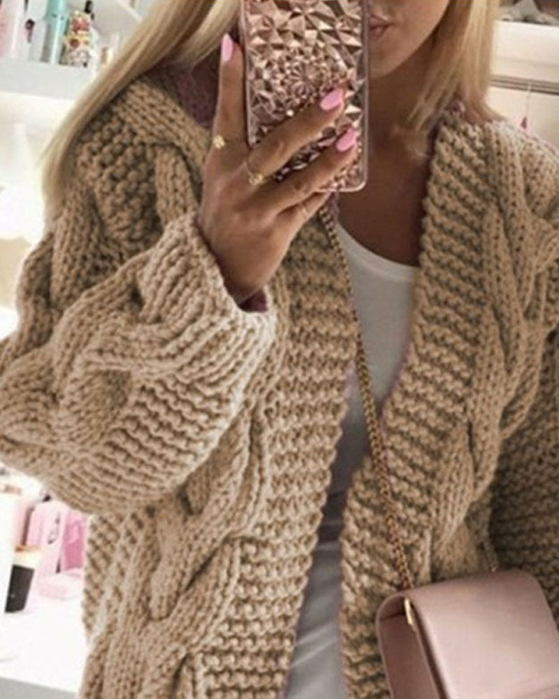 Long Sleeve Cable Knit Hooded Cardigan