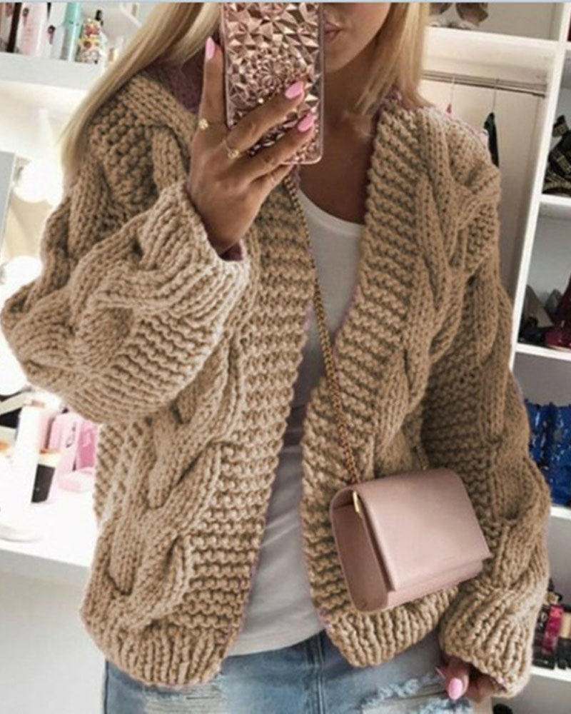 Long Sleeve Cable Knit Hooded Cardigan