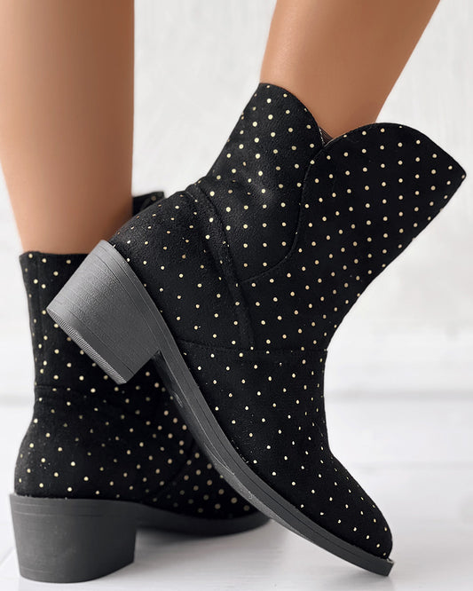 Bronze Polka Dot Point Toe Chunky Heel Knight Boots