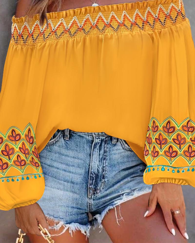 Floral Tribal Print Geometric Pattern Off Shoulder Top