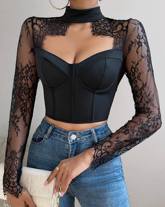 Eyelash Lace Patch Fishbone Corset Top