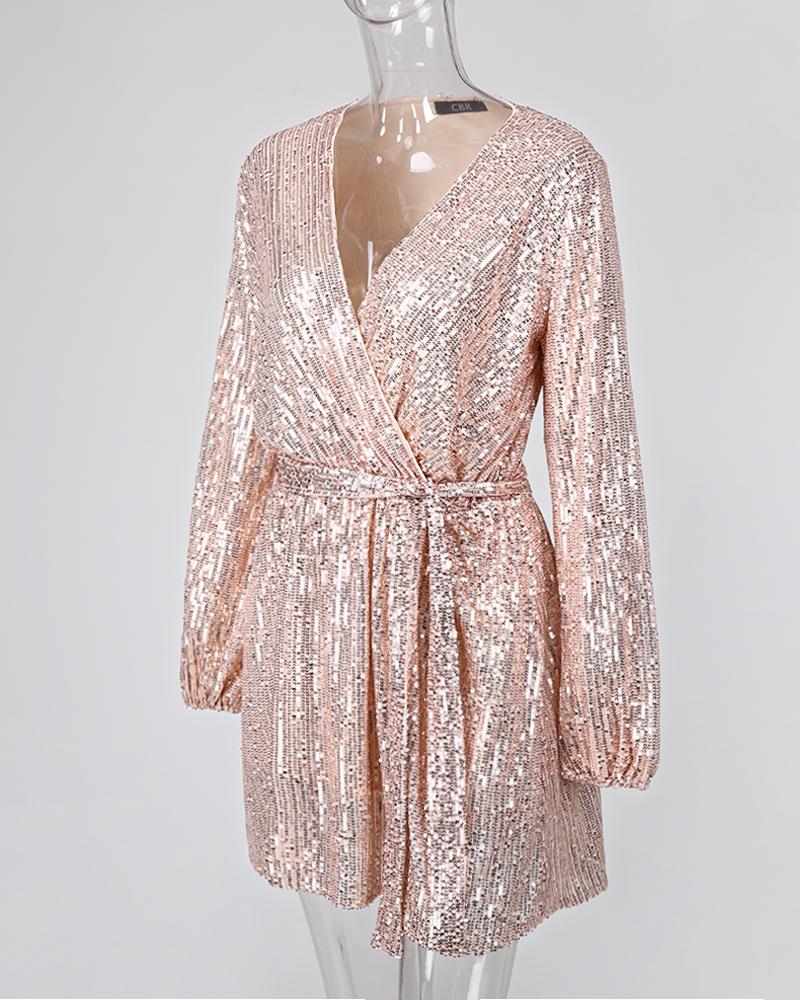 Sequin V Neck Long Sleeve Wrap Dress