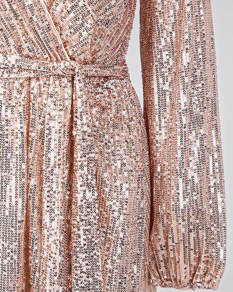 Sequin V Neck Long Sleeve Wrap Dress