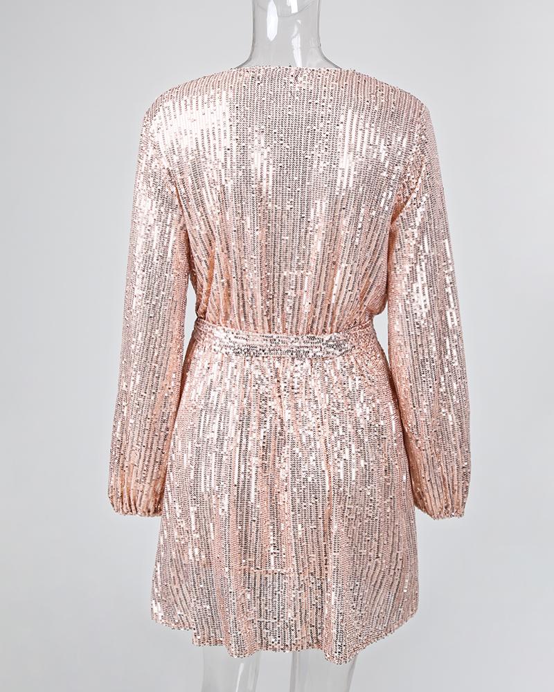 Sequin V Neck Long Sleeve Wrap Dress