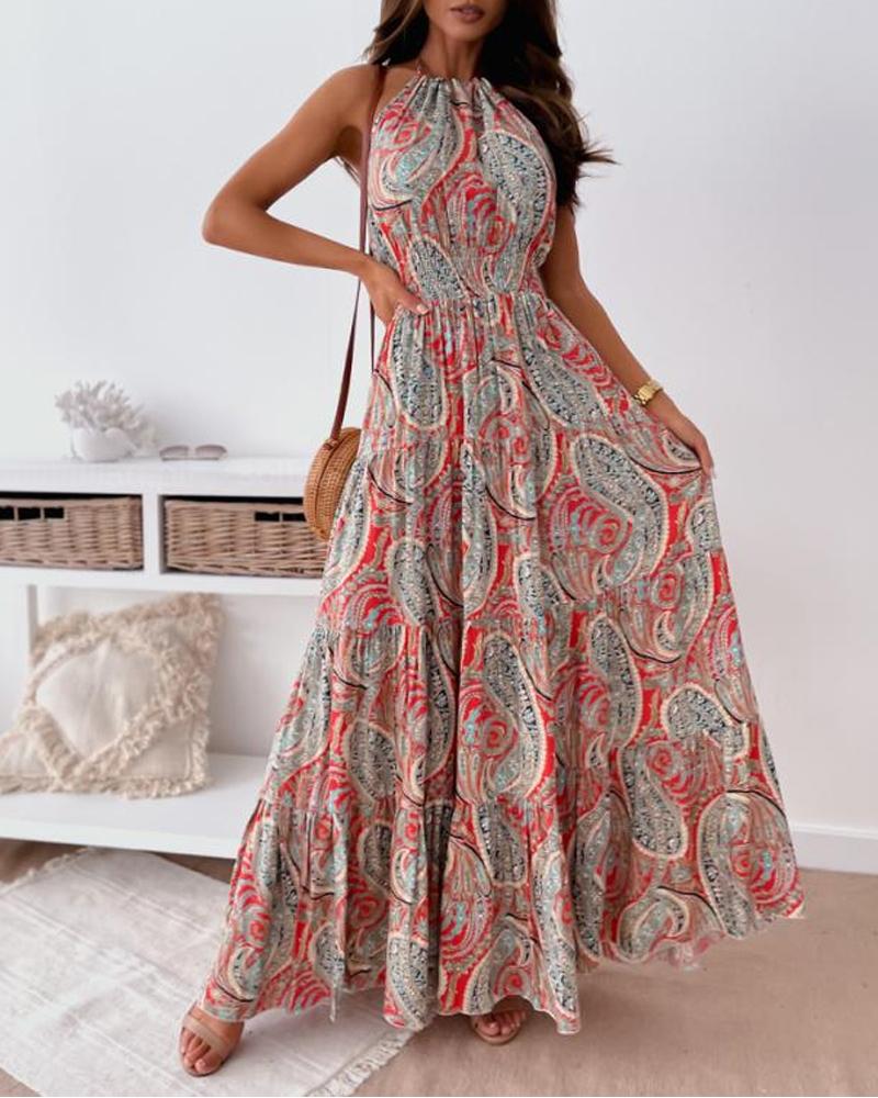 Vintage Paisley Print Halter Backless Maxi Dress