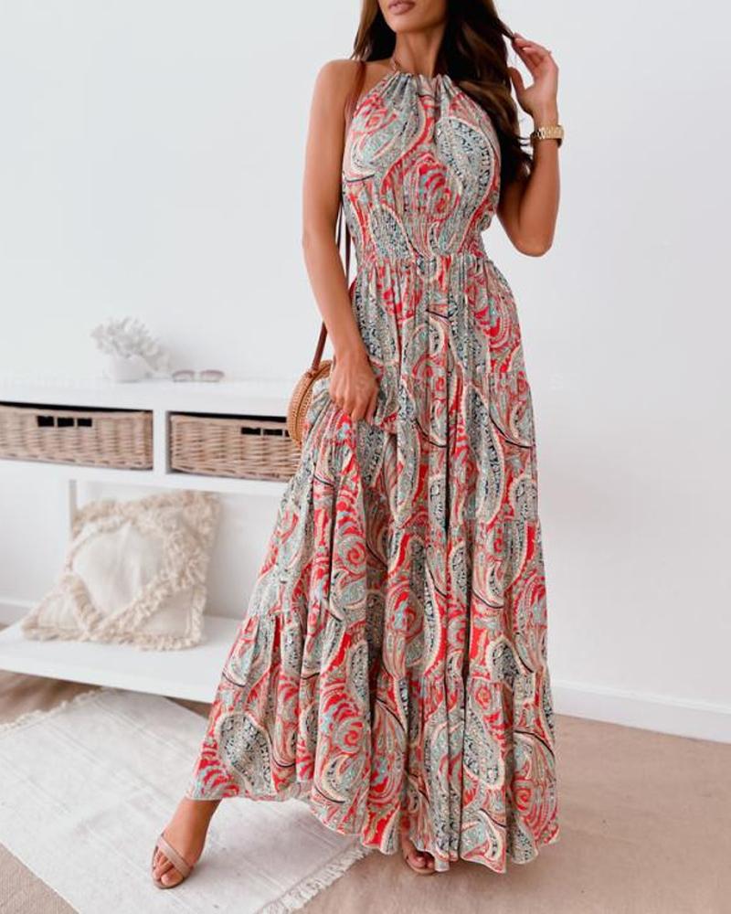 Vintage Paisley Print Halter Backless Maxi Dress