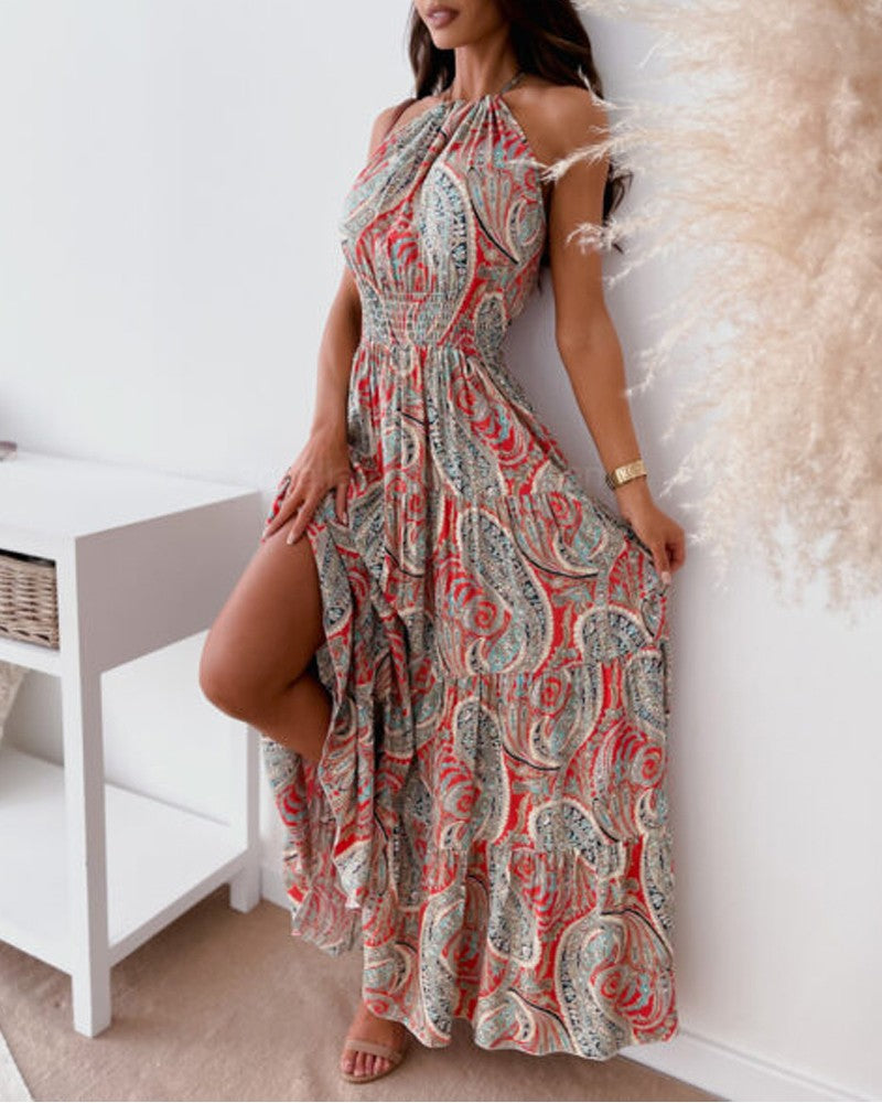 Vintage Paisley Print Halter Backless Maxi Dress