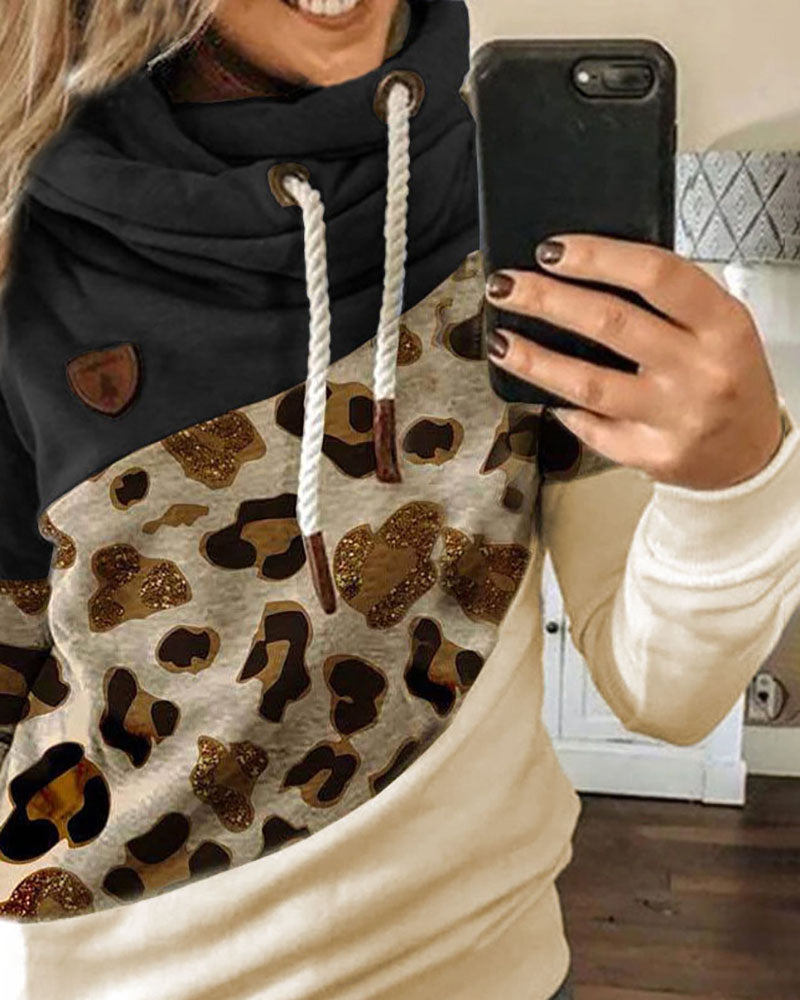 Lantern Sleeve Colorblock Leopard Print Hooded Top