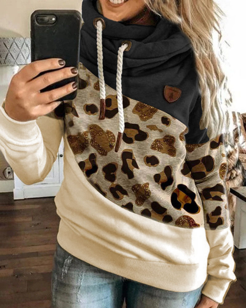 Lantern Sleeve Colorblock Leopard Print Hooded Top