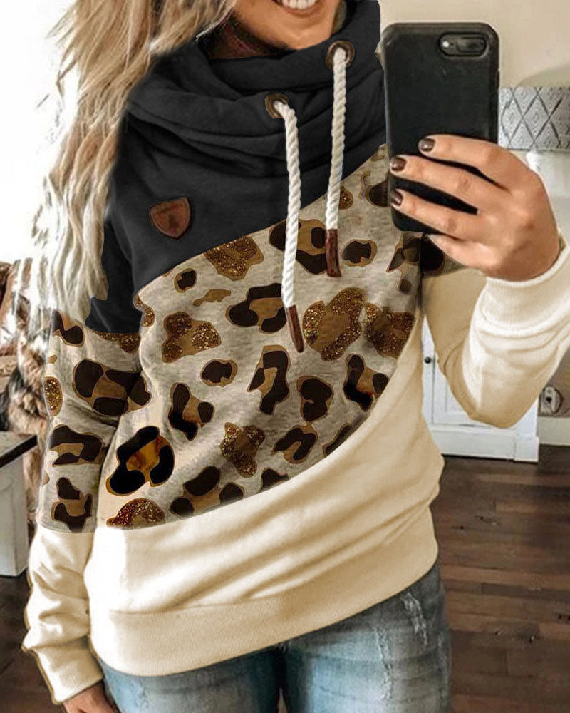 Lantern Sleeve Colorblock Leopard Print Hooded Top