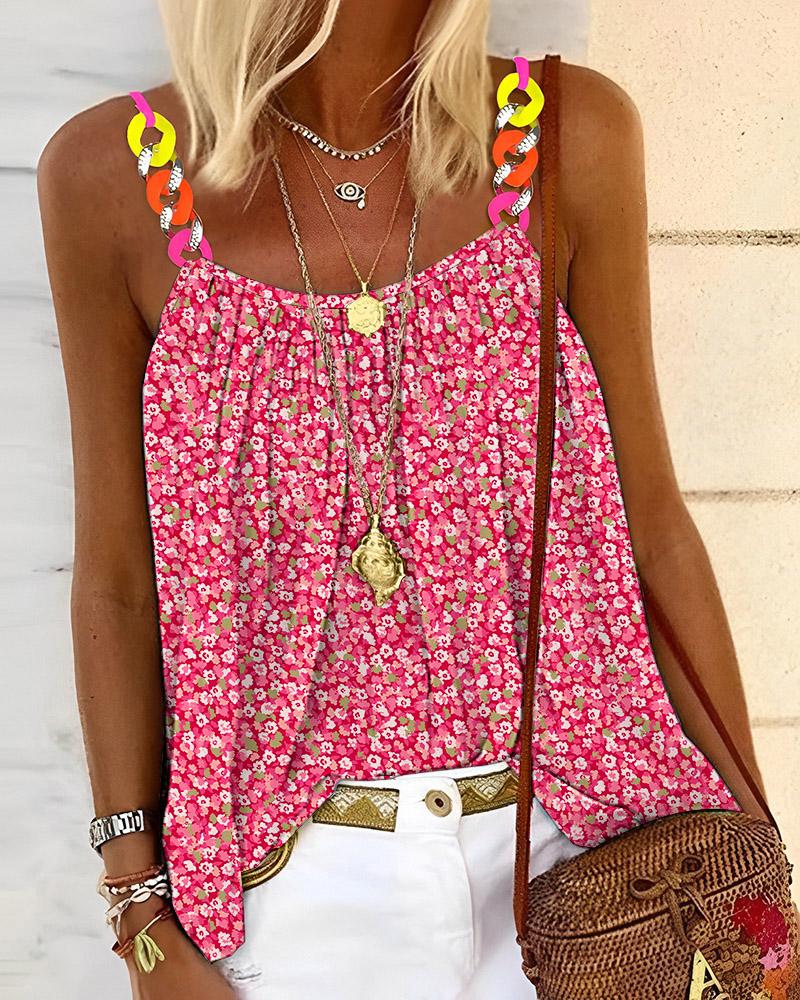 Pink Ditsy Floral Print Chain Decor Flowy Cami Top