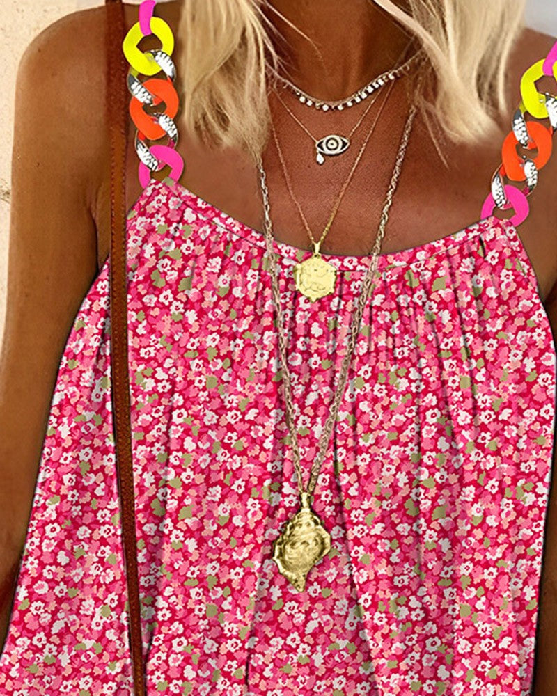 Pink Ditsy Floral Print Chain Decor Flowy Cami Top