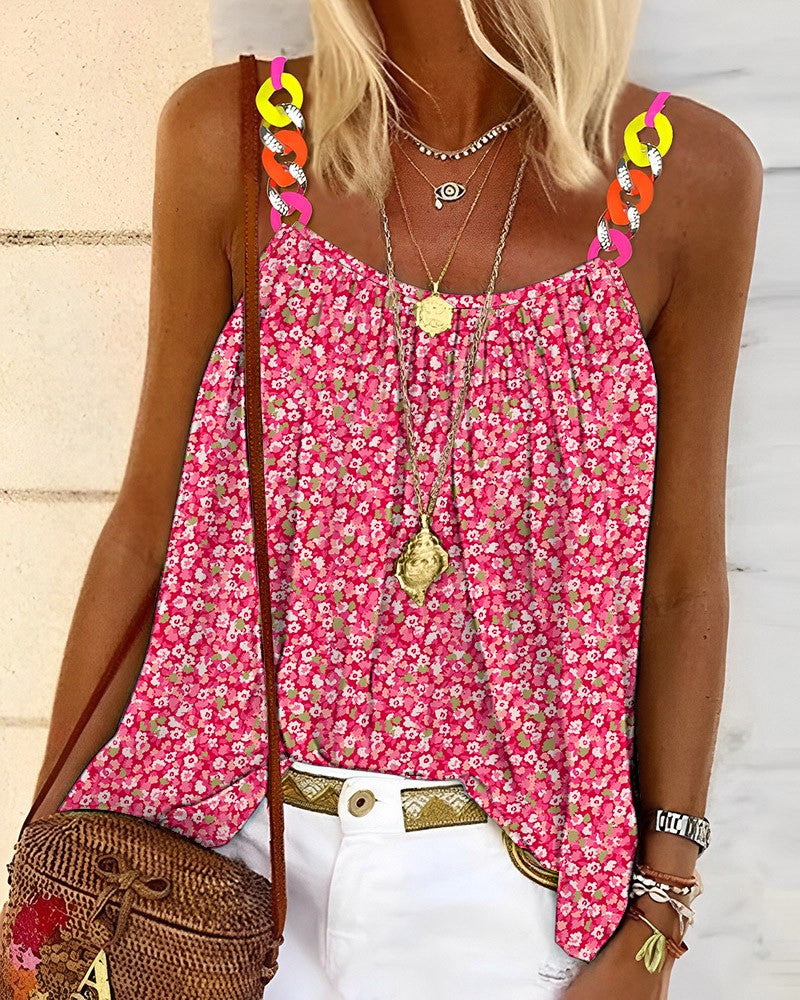 Pink Ditsy Floral Print Chain Decor Flowy Cami Top