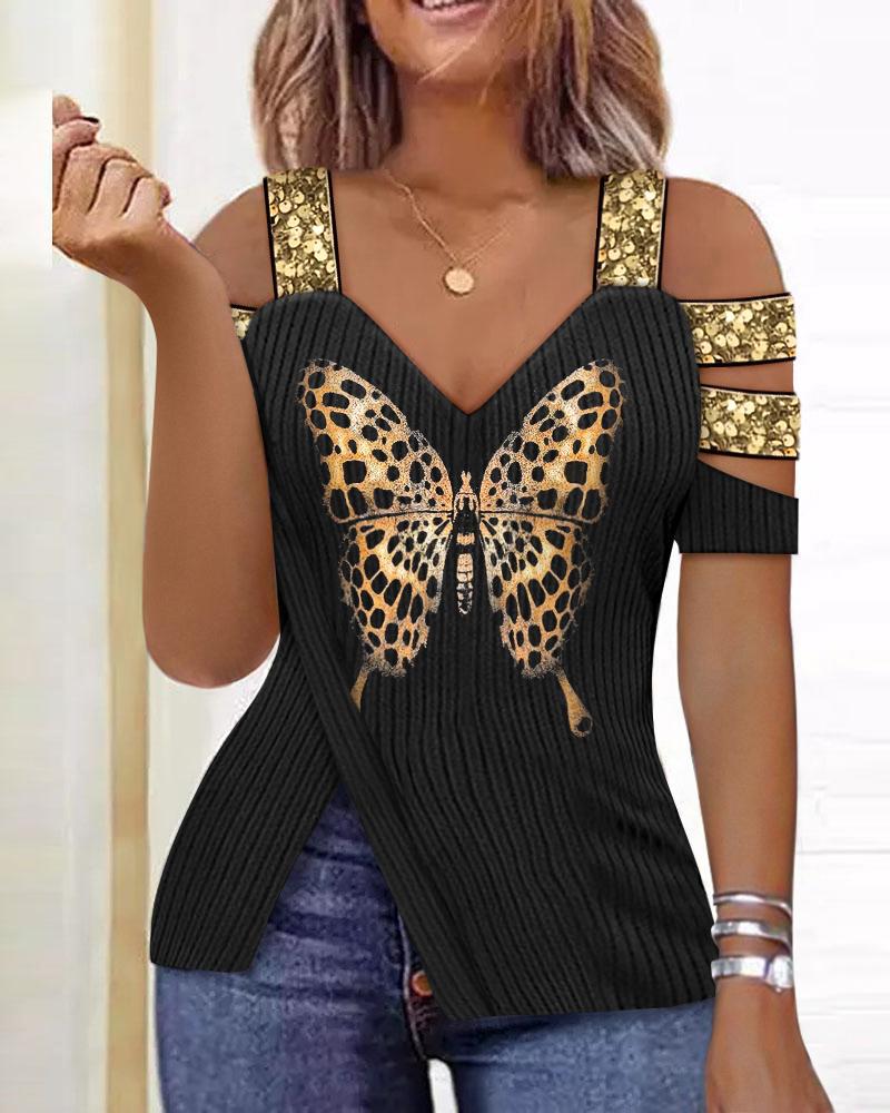 Butterfly Print Split Hem Cold Shoulder Top