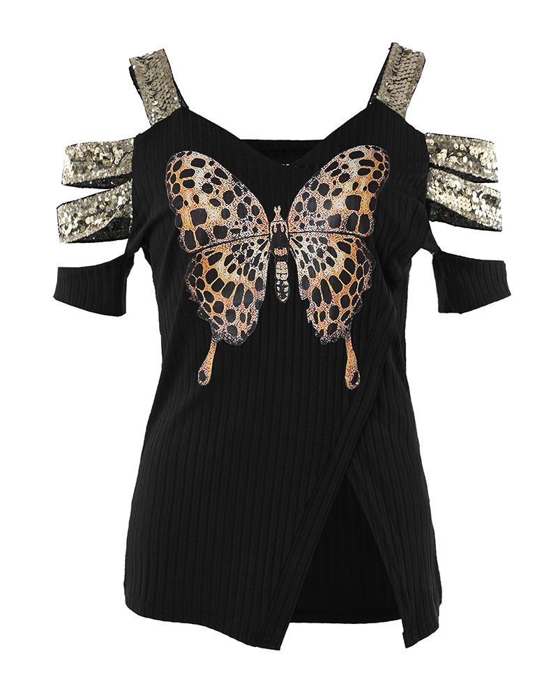 Butterfly Print Split Hem Cold Shoulder Top