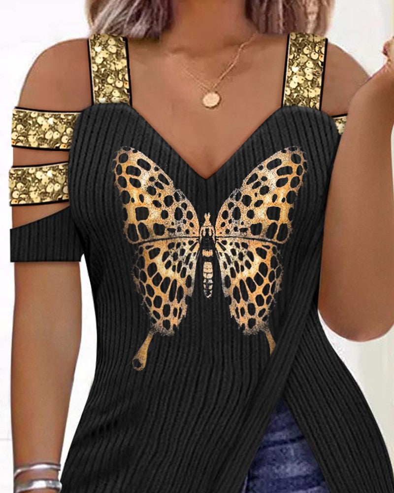 Butterfly Print Split Hem Cold Shoulder Top